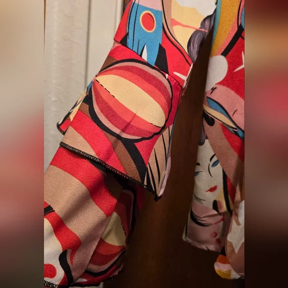 HOST PICK! 🎉Qing Pinz GORGEOUS embroidered ruffle colorful art top szM - Picture 3 of 10